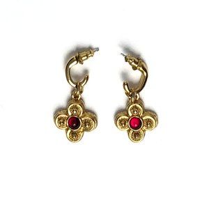 Gold clover cross post earrings with royal red jeweled center